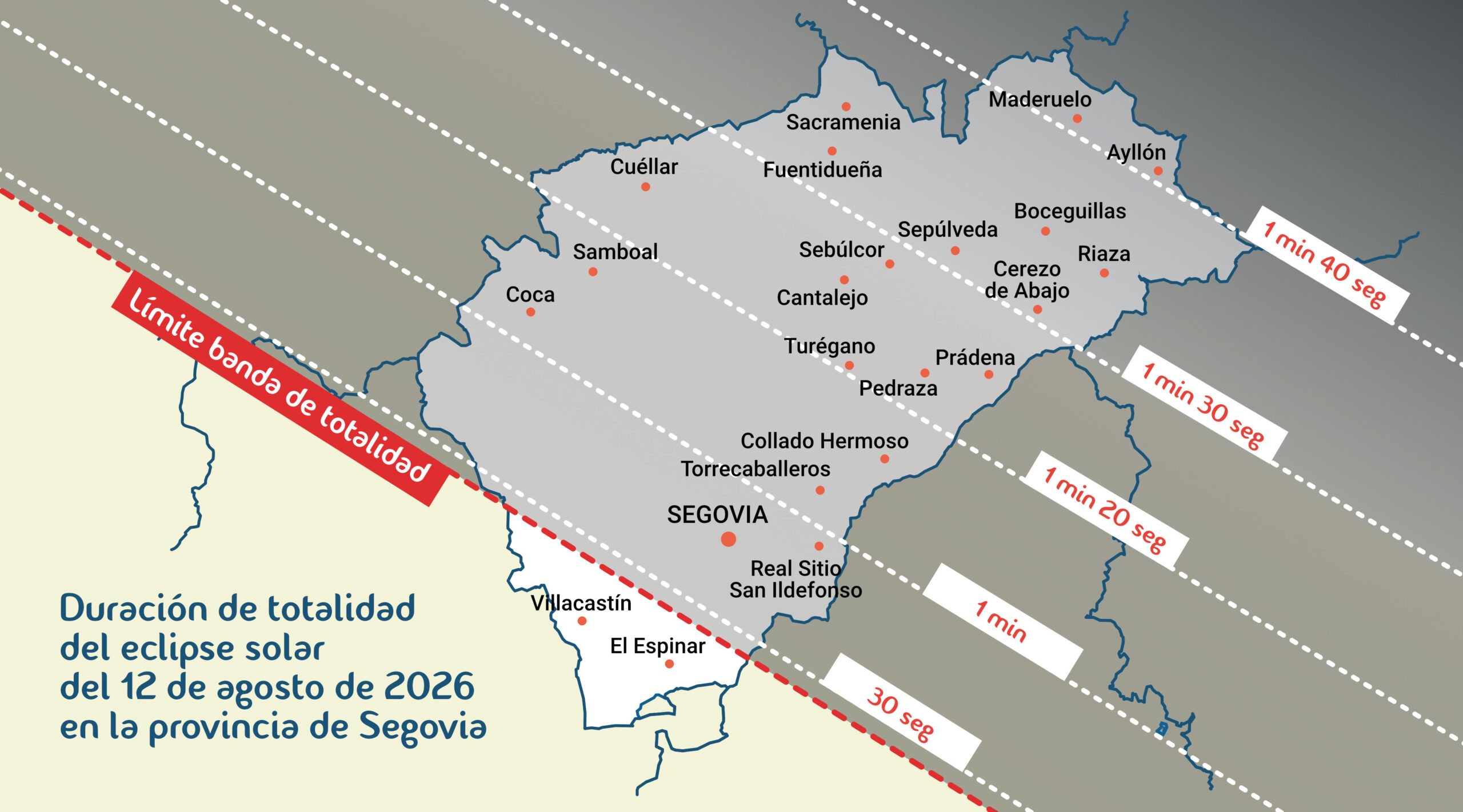 Mapa de cobertura y duración de la totalidad del eclipse solar del 12 de agosto de 2026 en el nordeste de Segovia.